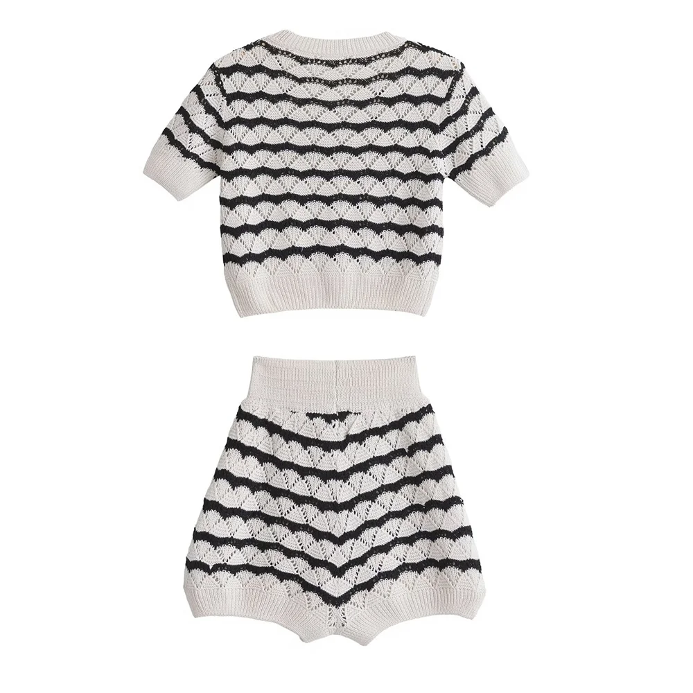 Zach Ailsa 2024 Summer New Product Women\'s Short Sleeve Pullover Short Striped Knitted Top High Waist Shorts Fashion Set