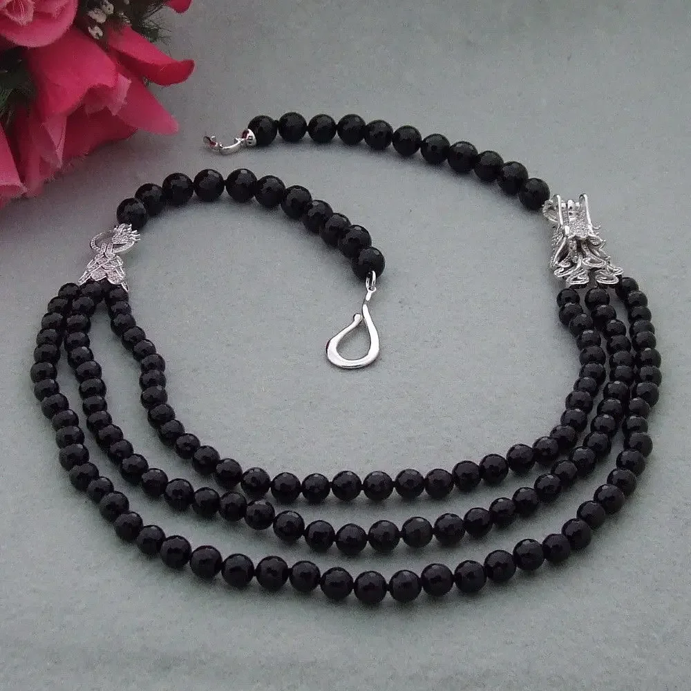 3 strands 8mm-10mm faceted round black jade necklace micro inlay zircon dragon head buckle dragon accessories necklace