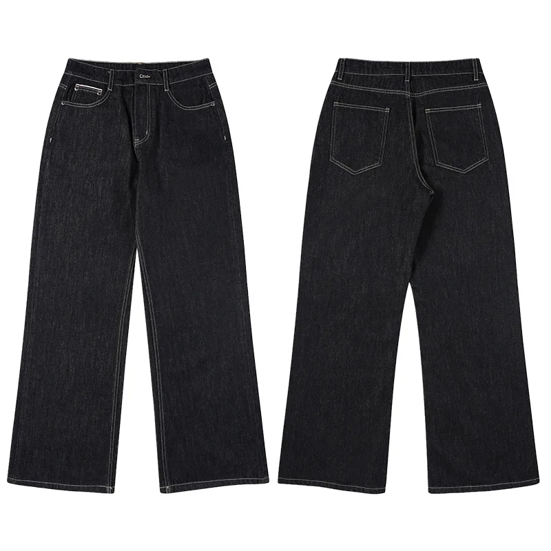 New Fashion Men Solid Color Straight Floor Length Casual Simple Basic Wide Leg Denim Trousers Four Seasons Male Trendy Jeans