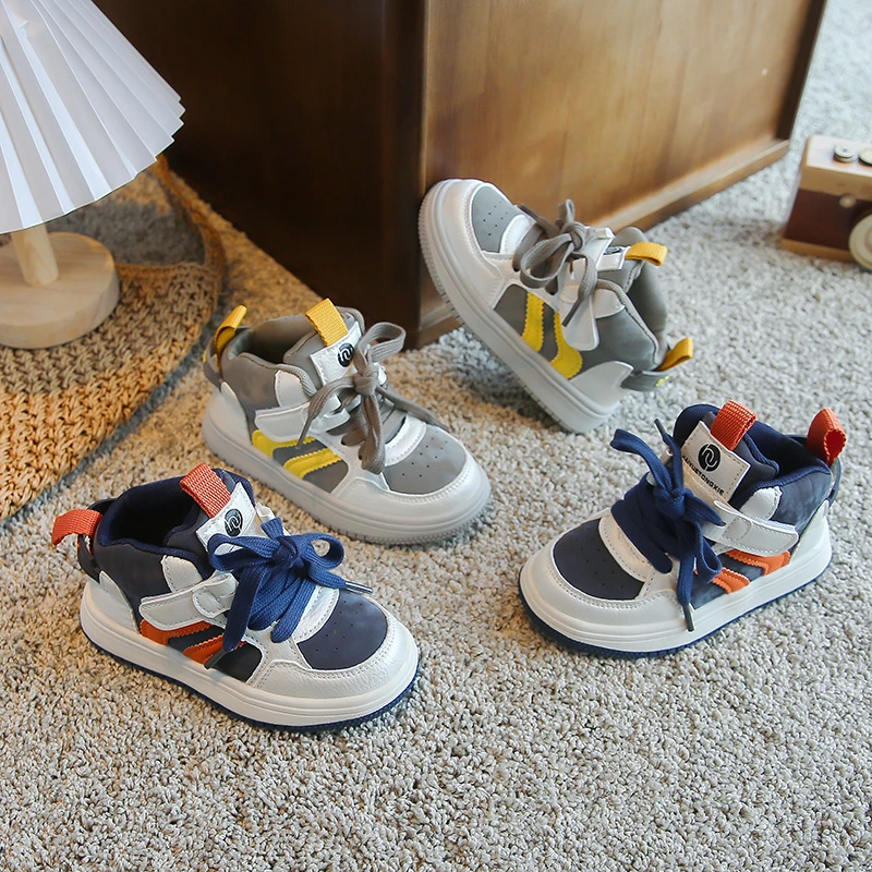 Toddler Boys Girls Mid‑Top Color Block Sneakers Magic Tape Faux‑Lace‑Up Anti‑Slip Casual Sports Shoes