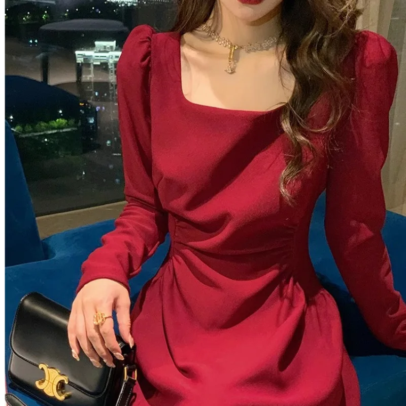 Women's Full Sleeve Long Dress, Red Party Shirt, Aesthetic Clothes, Autumn and Winter Fashion, Silm Fit, Square collar,Y2k