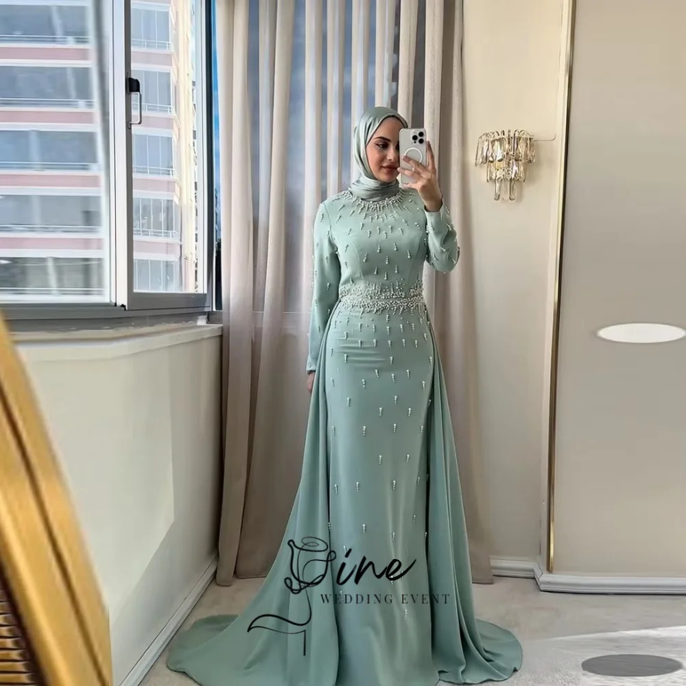 Oine Customized Luxury Beaded robes de soirée Long Sleeves Trailing Satin Evening Dresses Floor-Length Muslim Prom Dress 2027