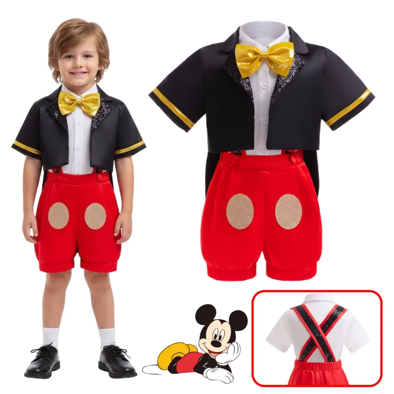 3 قطعة ميكي الأحمر الأسود الحمالات السراويل تأثيري حلي لصبي هالوين ميكي ماوس قصيرة الأكمام سترة فستان الحفلات الزي