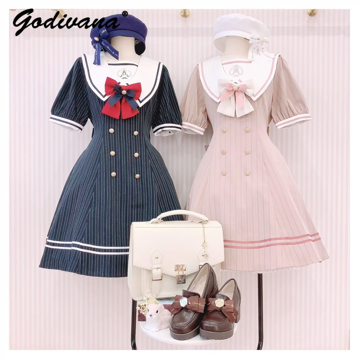 

Preppy Style Vertical Striped Bow Short Sleeve Dress New Spring Summer Women Girls Sweet Sailor Collar Double-breasted Dress