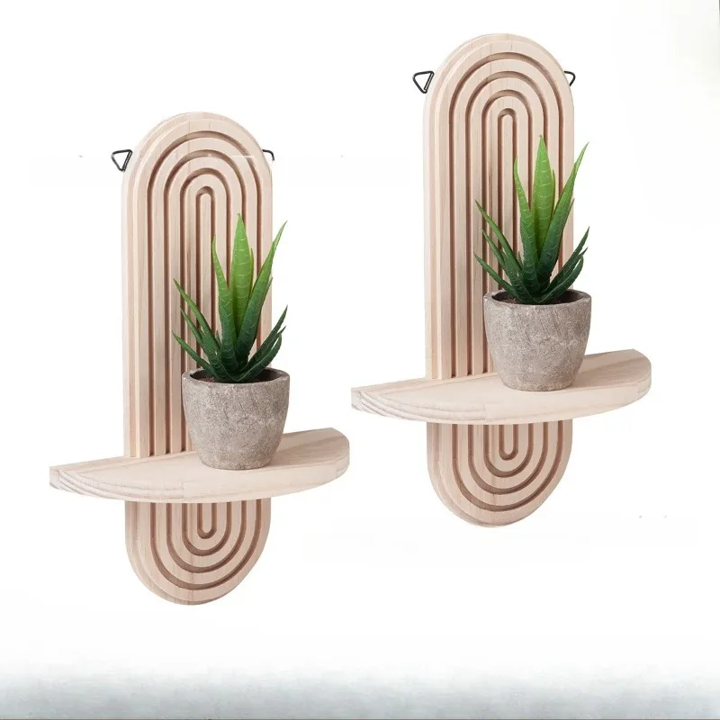 1Pc Boho Style Wooden Wall Shelves - Geometric Wall Mounted Shelves, Natural Wood Finish, Modern Home Decor, Plant Decorative