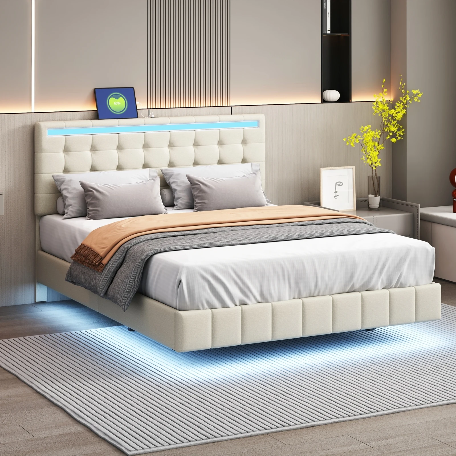 Superaly - Base de Cama Flotante de Lino Beige de 140x200cm con Luces LED y Carga USB, Cabecera Acolchada con Altura Ajustable, No Incluye Colchón