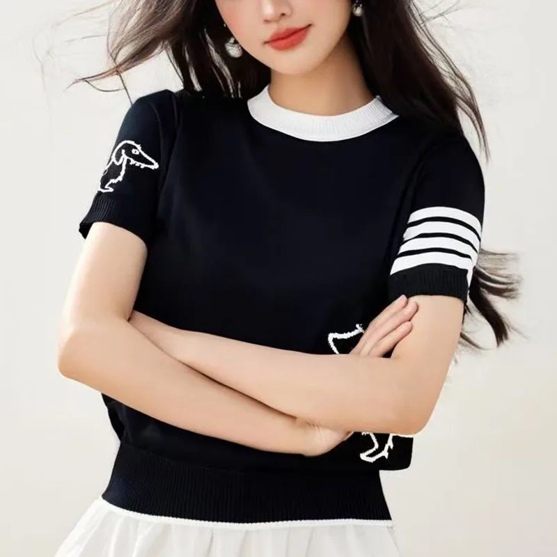Summer wool women's round neck short sleeved pullover sweater soft  breathable high-quality sweater fashionable solid color top