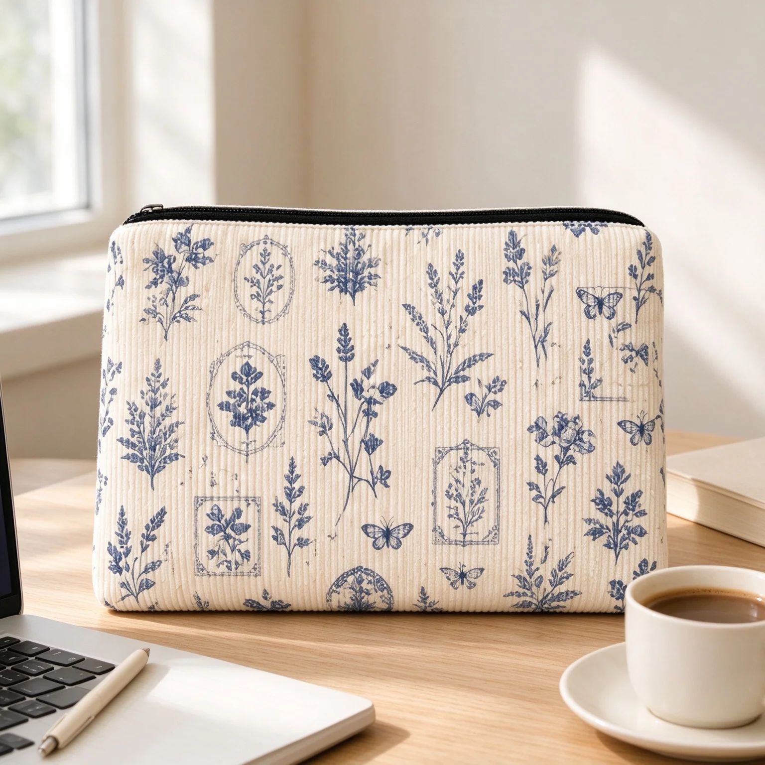 Corduroy Cosmetic Bag Blue Botanical Butterfly Print Makeup Pouch Women Travel Toiletry Bag Portable Cosmetics Storage Purse