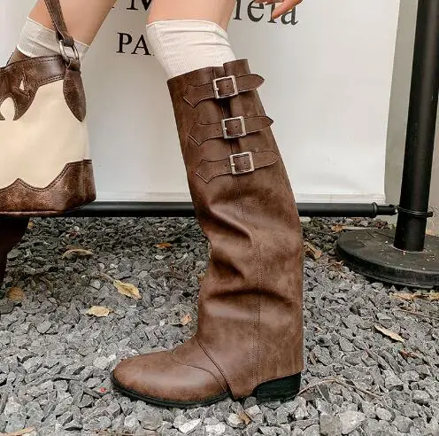 

Hot Girls Brown Black Real Cow Leather Belt Buckles Round Toe Rivet Slip On Knee High Boots 4 CM Med Heels Two Ways Wear Boots