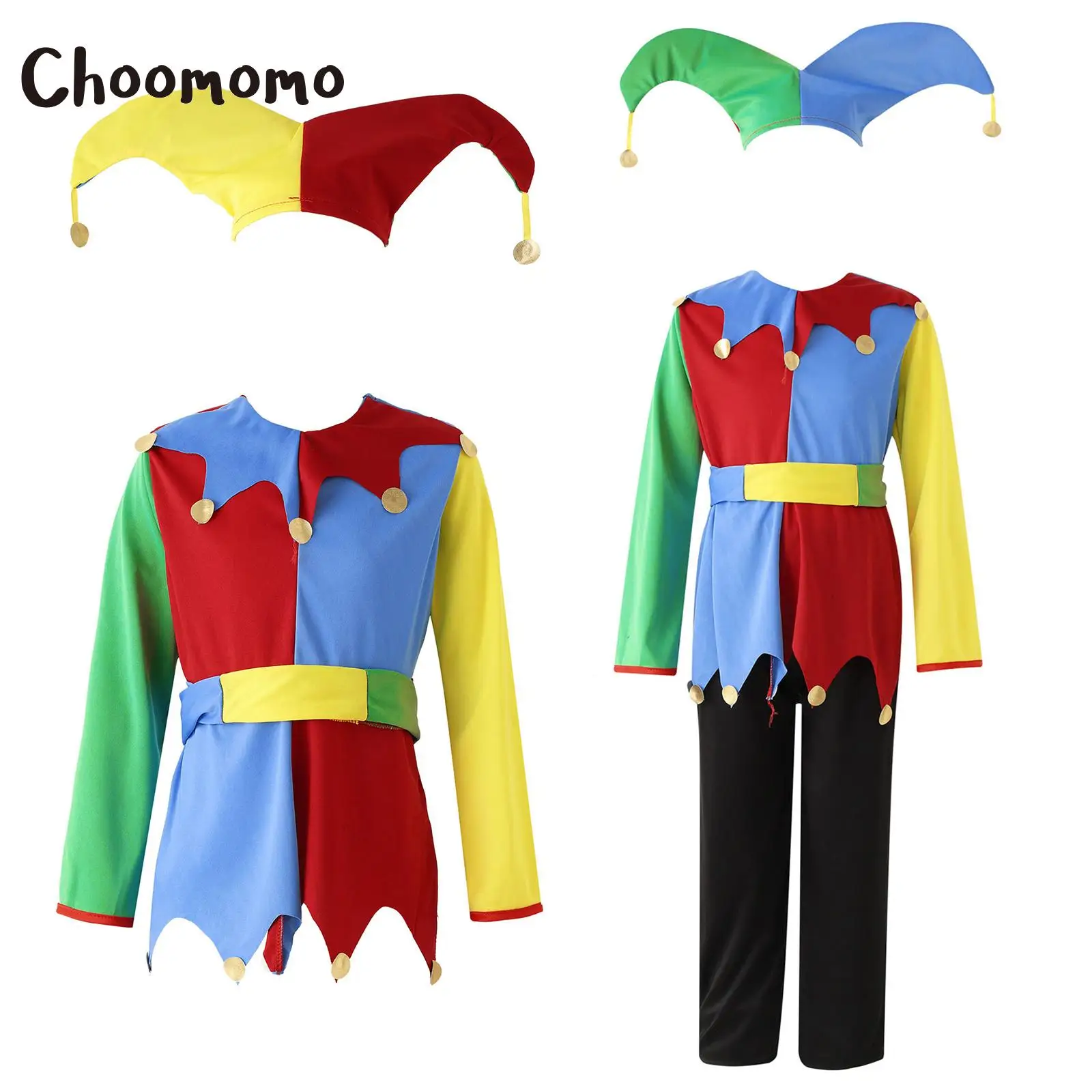 

Girls Boys Clown Cosplay Costume Colorful Patchwork Circus Clown Dress And Hat Pants Suit Halloween Carnival Performance Costume