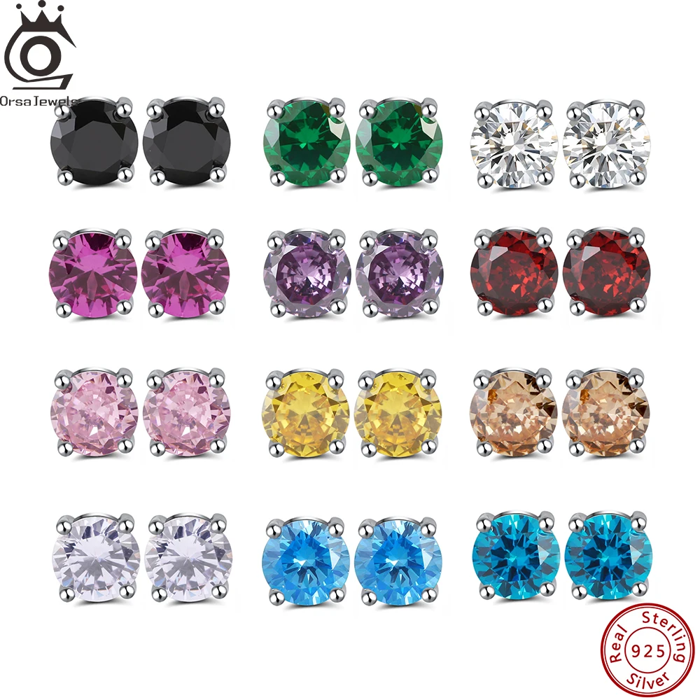 

ORSA JEWELS S925 Sterling Silver Four-Prong Round Stone Earring Multicolor Zircon Daily Stud Earrings Classic Party Jewelry SE84