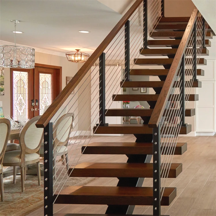 Easy Metal Wood for Second Floor Indoor Straight Wood Staircase Central Stringer Durable Iron Steel with Glass Railing