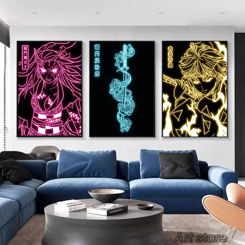 Neon Effect Japan Anime Demon Slayer Canvas Painting Tanjiro Nezuko Character Posters Wall Art Print Pictures for Room Decor