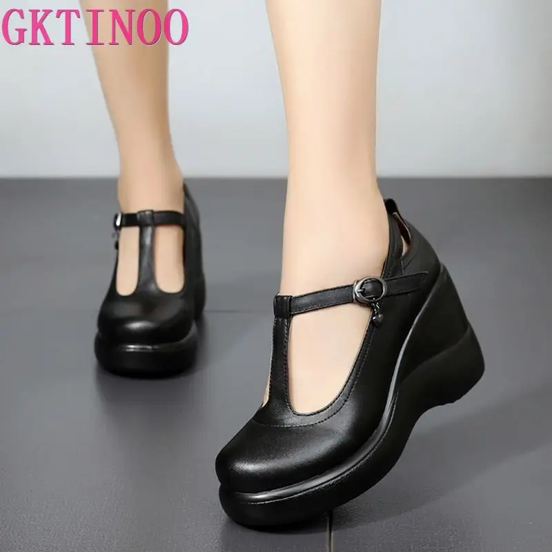 GKTINOO T-Strap Genuine Leather Wedges Shoes for Women 2024 High Heels Shoes Office Ladies Platform Shoes Mother Plus Size 34-43