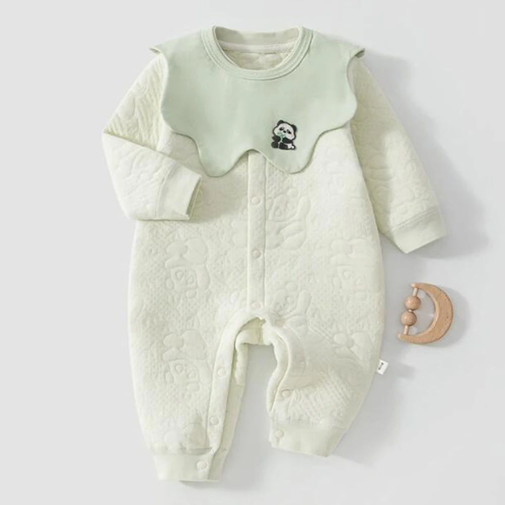 Christmas Baby Girl Romper Long Sleeve Quilted Warm Autumn Winter Infant Clothes Solid Color Newborn Baby Boy Jumpsuit With Bib