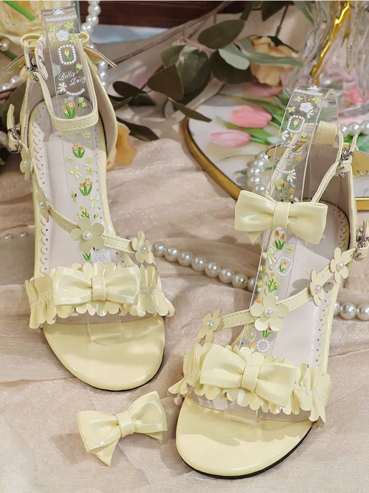 Sandalias japonesas originales Lolita con lazo y flores, sandalias de verano de talla grande con tacón grueso de charol y punta abierta para mujer