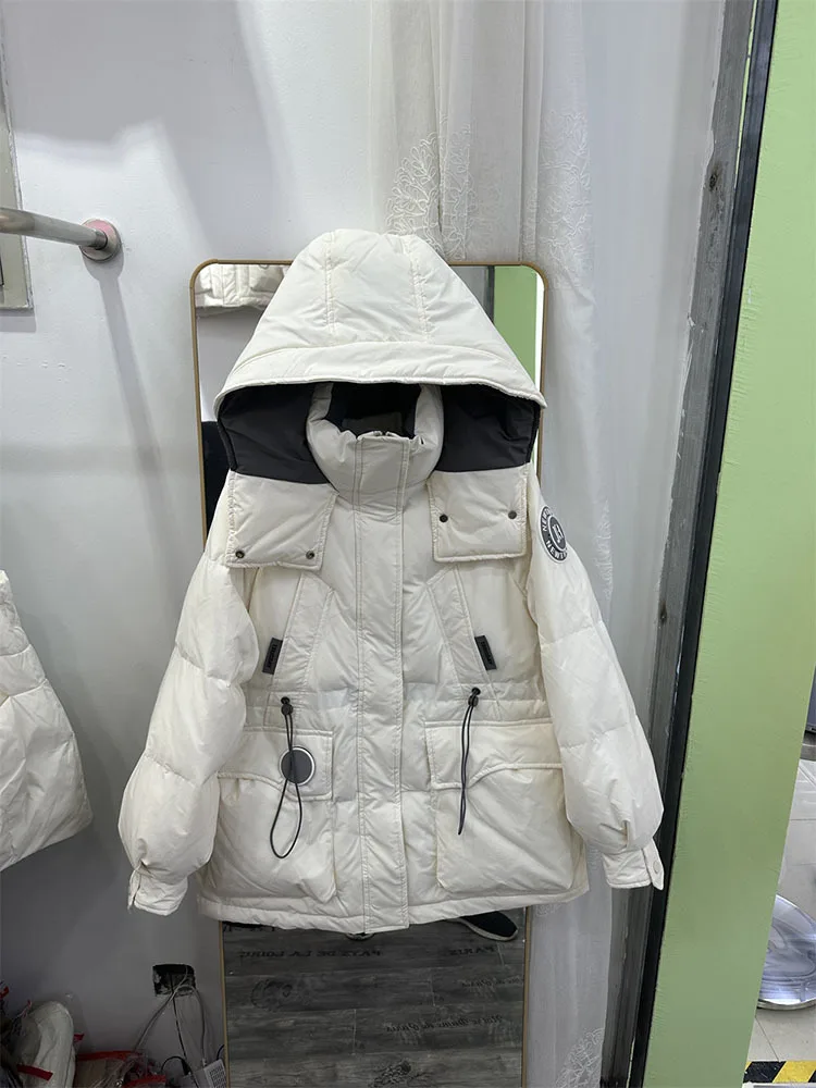 2023 Streetwear White Duck Down Jacket Warm Coat Mid-Length Solid Hooded Full Sleeves Zipper Feather Jackets Winter Women Korean