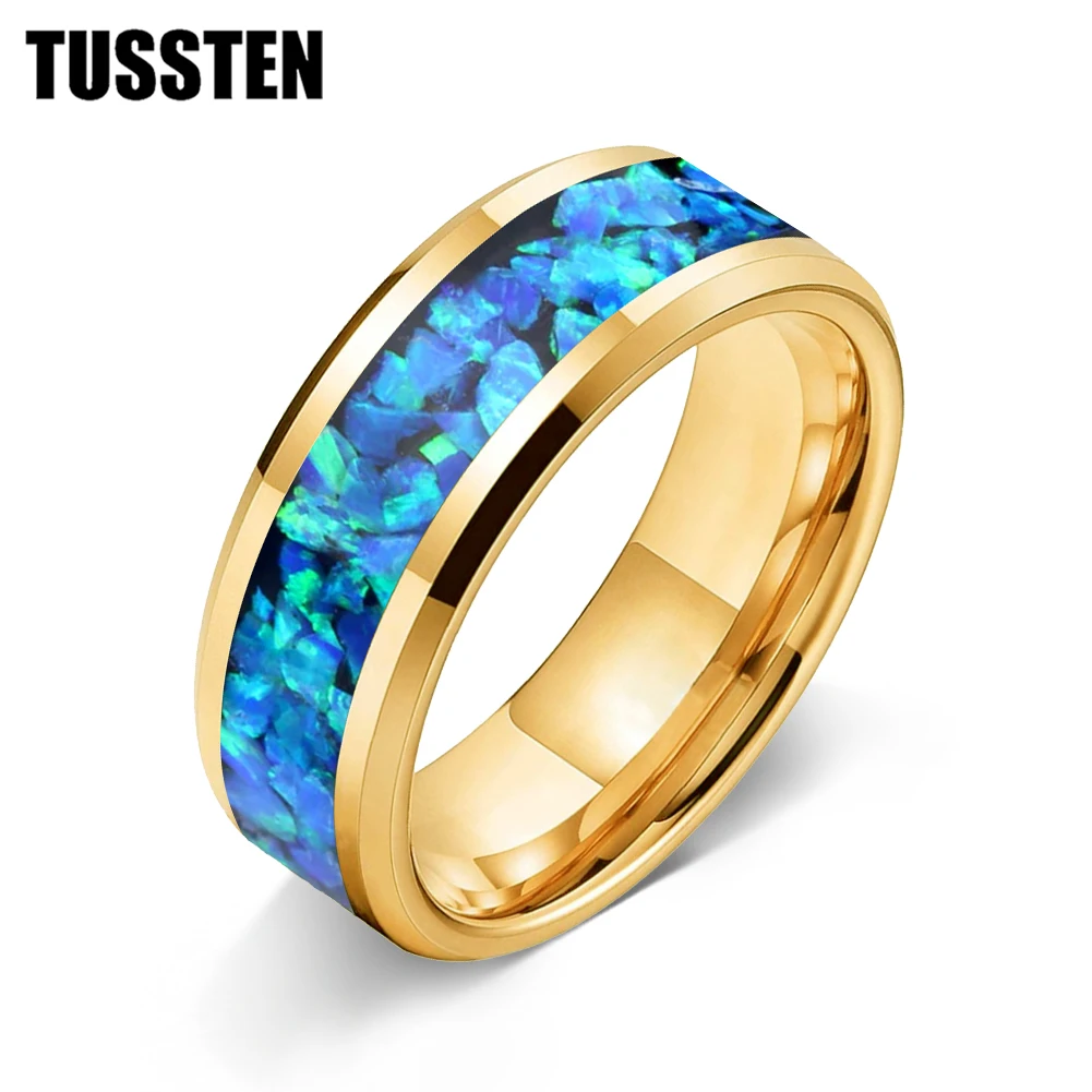

TUSSTEN Новое вольфрамовое кольцо для мужчин и женщин 6/8 мм с инкрустацией из дробленого сине-зеленого опала, удобная посадка