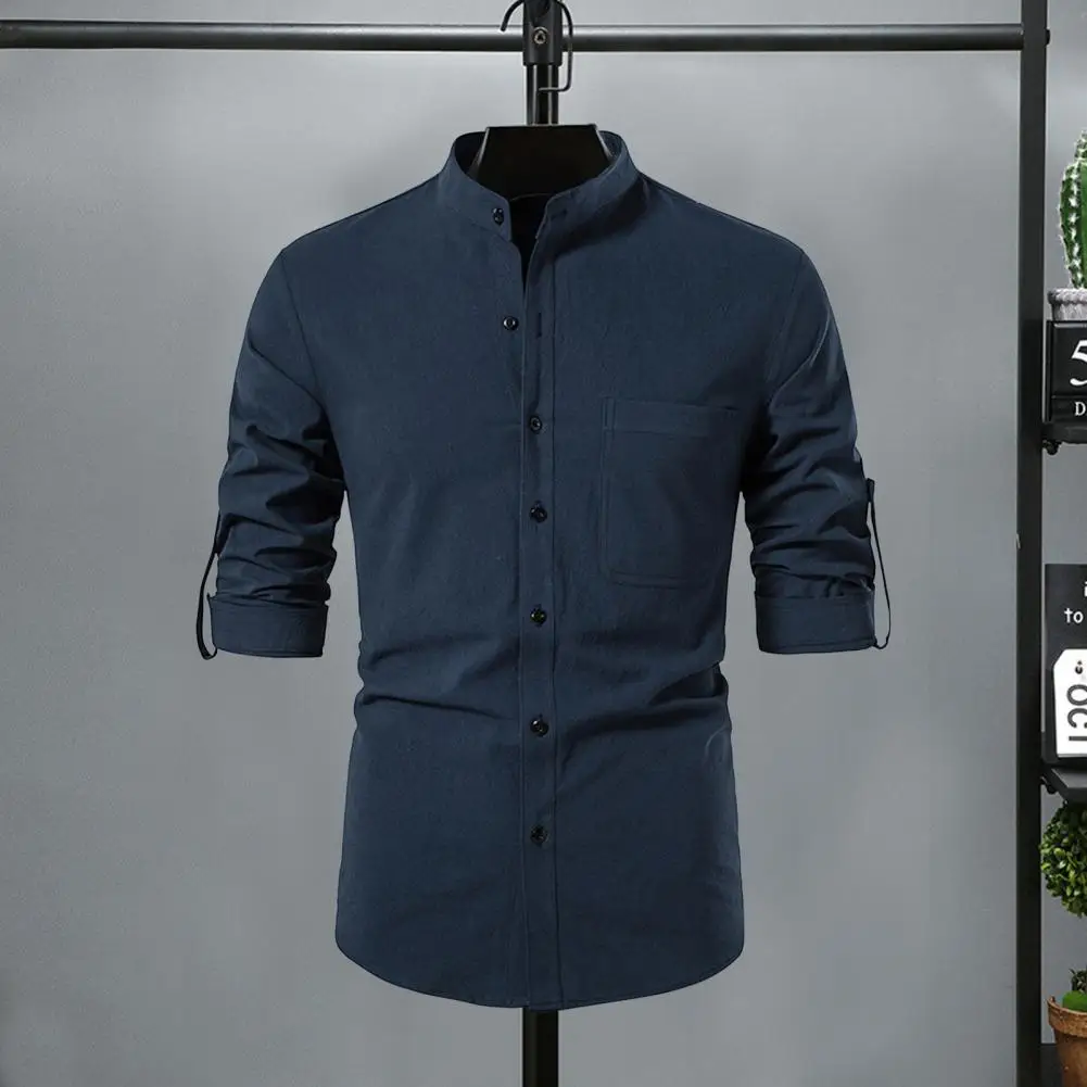 Button-up Shirt Stylish Men's Slim Fit Long Sleeve Shirt with Stand Collar Soft Breathable Fabric Chest Pocket Casual for Spring