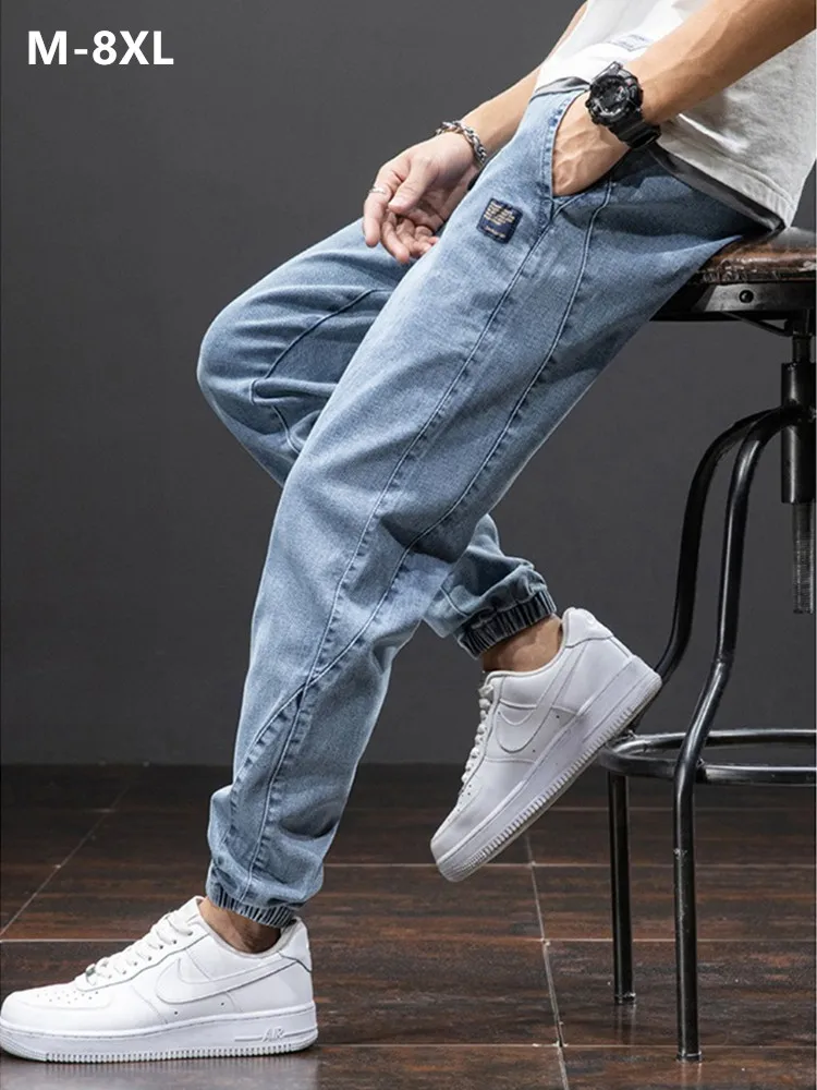 

Men Denim Joggers Popular Loose 6XL 7XL 8XL Jogging Casual Pants Boys Jeans Ankle Length Plus Size Big Sweatpants Male Trousers