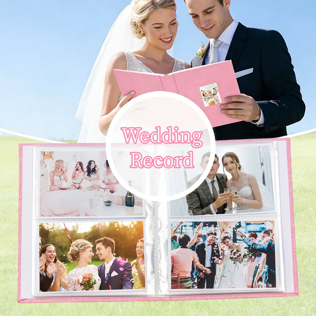 Linen Ribbon Tie Photo Album 6 Inch 160 Pockets, Front Window Wedding Couple Memory Book