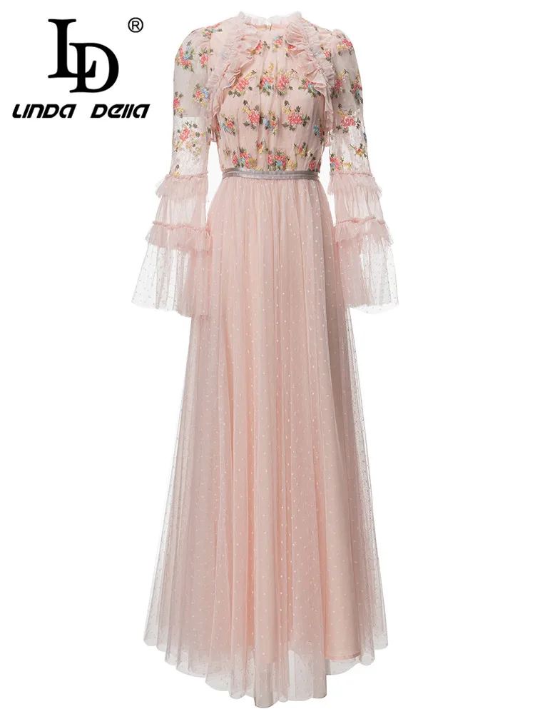 

LD LINDA DELLA New Style Birthday Dress For Women Round Neck Ruffled Print Splice High Waist Dot Draped Pretty Lace Long Dress