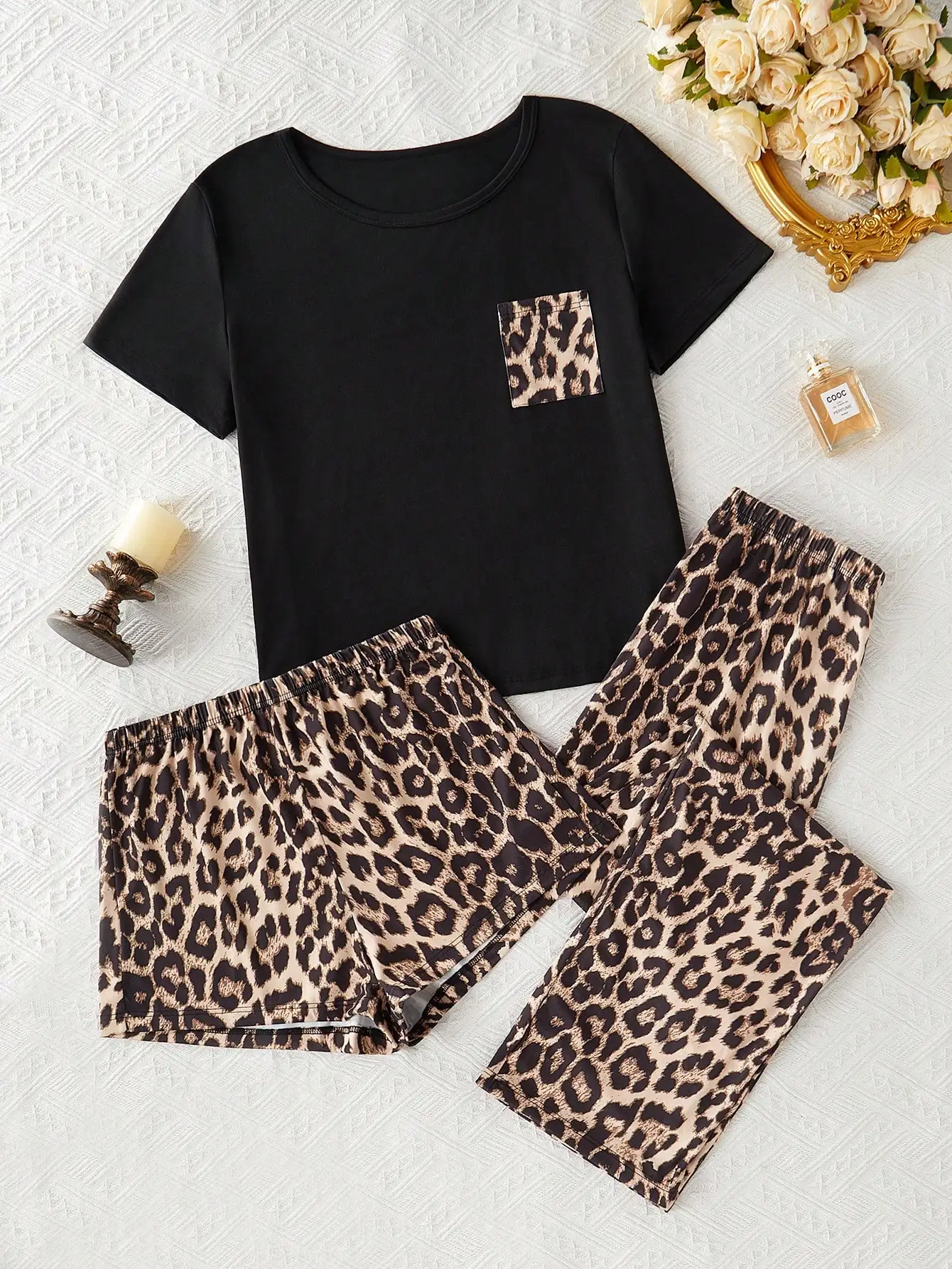 

Женские летние пижамы из 3 комплектов, простые повседневные женские шорты с леопардовым принтом, шорты с короткими рукавами, пижамный комплект для женщин