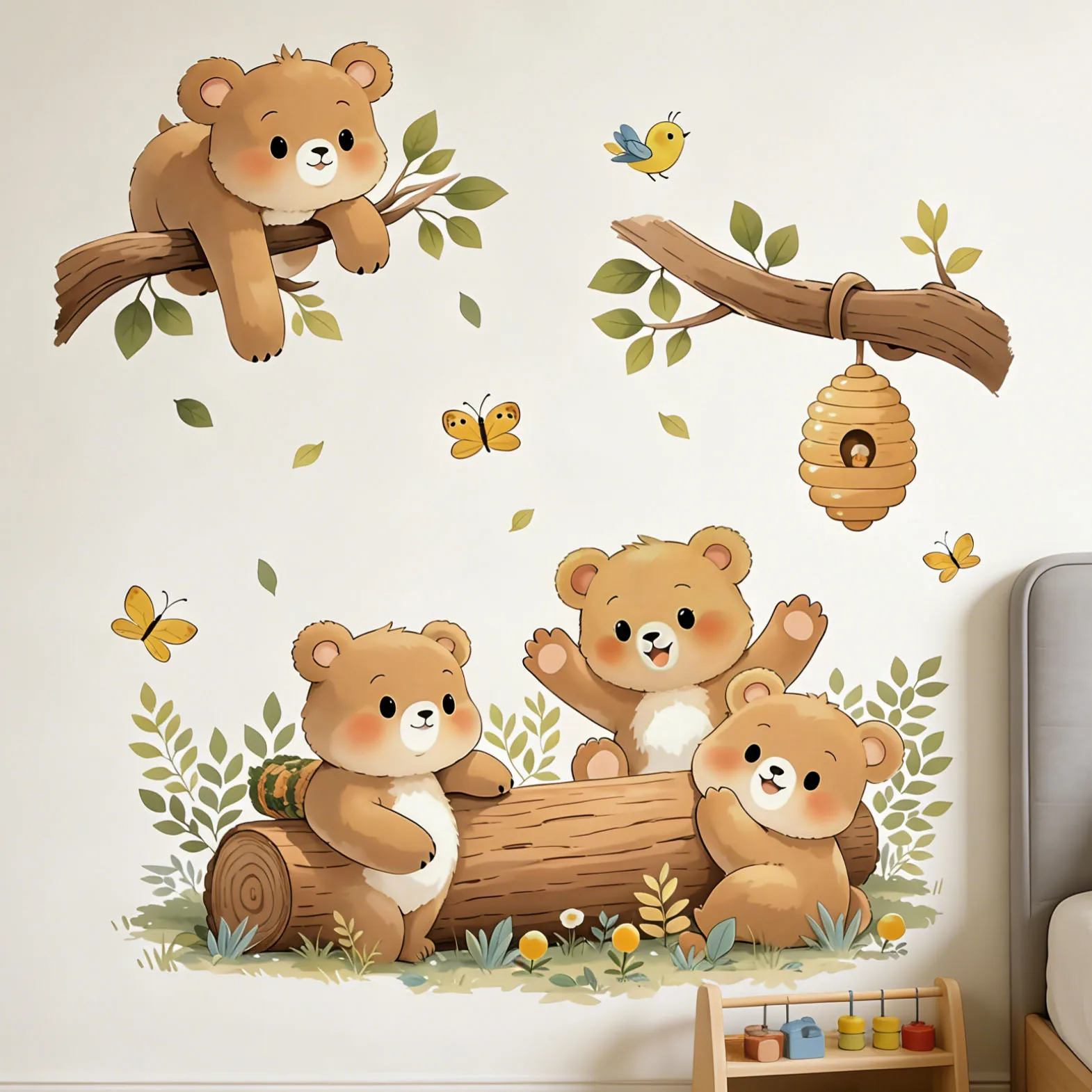Naughty Bear Forest Play Pattern Selbstklebende Wandaufkleber für Schiebetüren, dekorative Aufkleber für Kinderzimmer