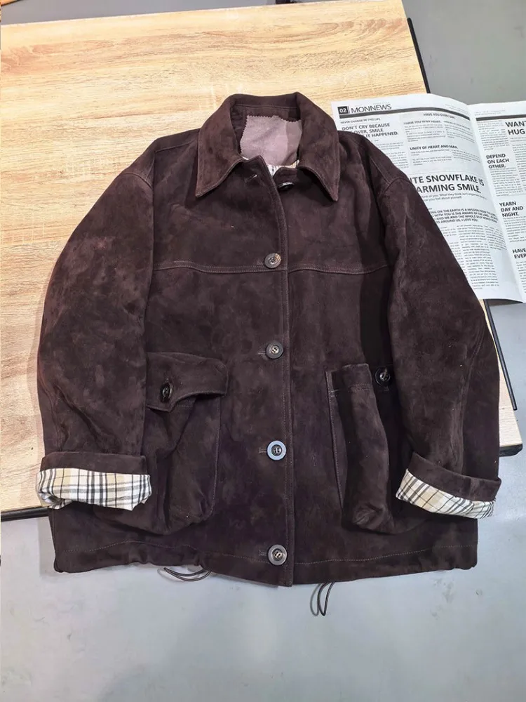 Autumn Women New Fashion Retro Real suede Short Coat Casual Single Breasted Turn Down Collar Long Sleeve Genuine Leather Jacket