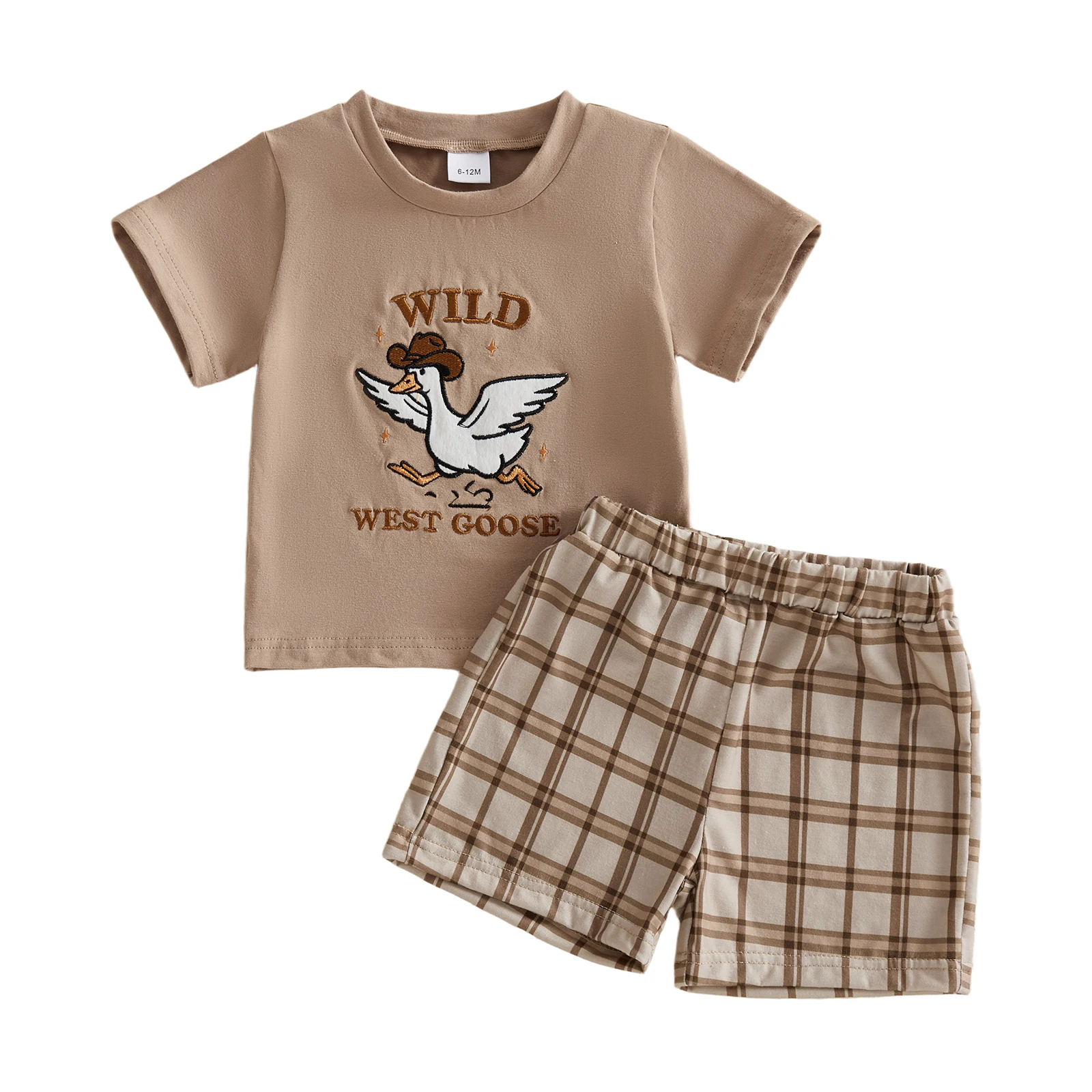 

Летняя одежда для малышей из 2 предметов: топы с короткими рукавами и круглым вырезом с вышивкой гуся и клетчатые шорты с эластичной резинкой на талии, комплект из 2 шт.
