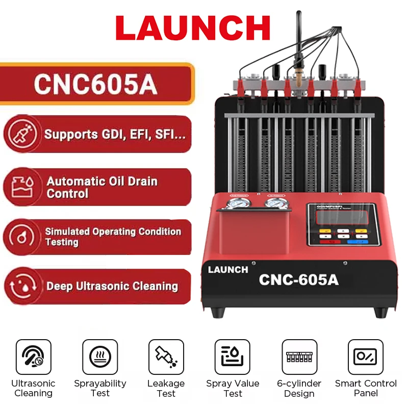 LAUNCH CNC-605A Fuel Injector Cleaner Tester Machine Ultrasonic Fuel Injection Cleaner for 6 Cylinder Petrol Vehicle GDI EFI FSI