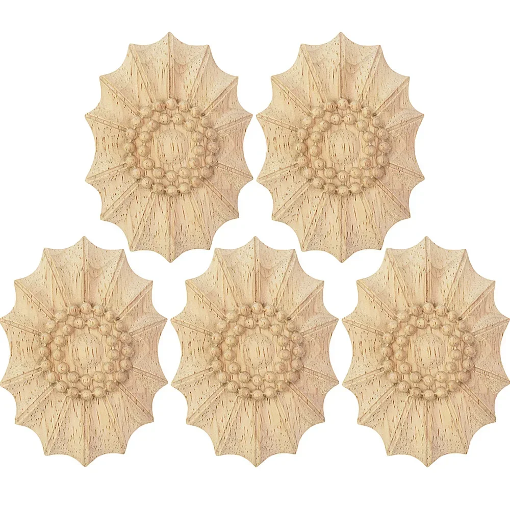5PCS 9x6.5cm Flower Wood Carving Natural Appliques for Furniture Cabinet Unpainted Wooden Mouldings Decal Decorative Figurine