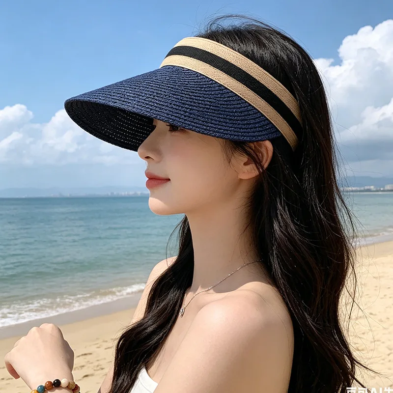 Customized Embroidered Logo Outdoor Sunscreen Ceiling Straw Hats Women's Summer Versatile UV Resistant Travel Sun Protection Cap view 3