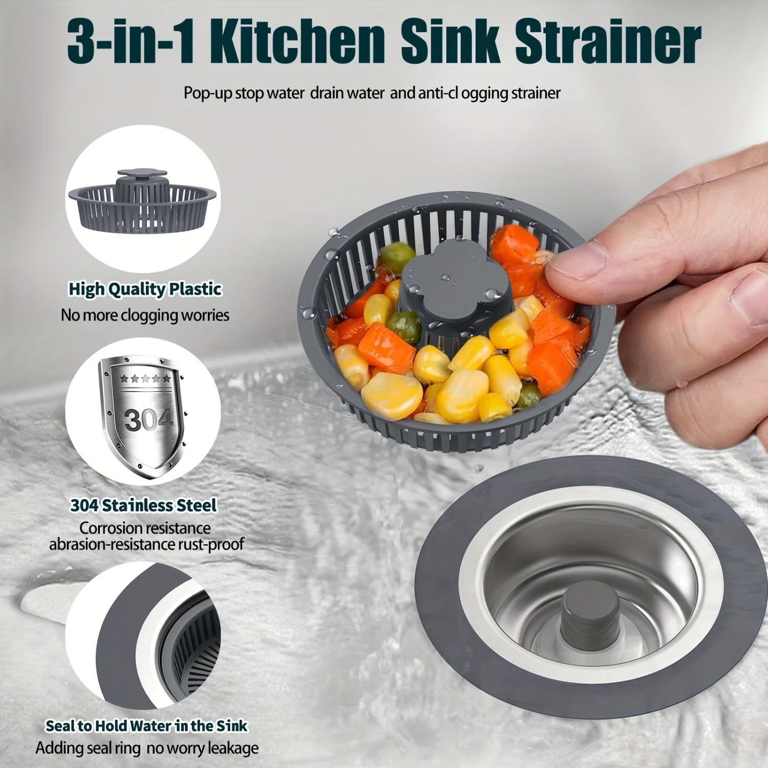 3-In-1 Kitchen Sink Drain Set - Stainless Steel, -Up & Basket Strainer For 3.5  Standard Drains Sink splash guard silicone