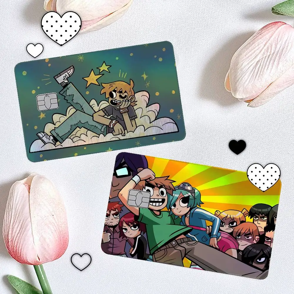 S-Scott Pilgrim 4Pcs/Set Holographic Laser Credit Card Stickers Iridescent Waterproo Fits All Standard Bank Cards