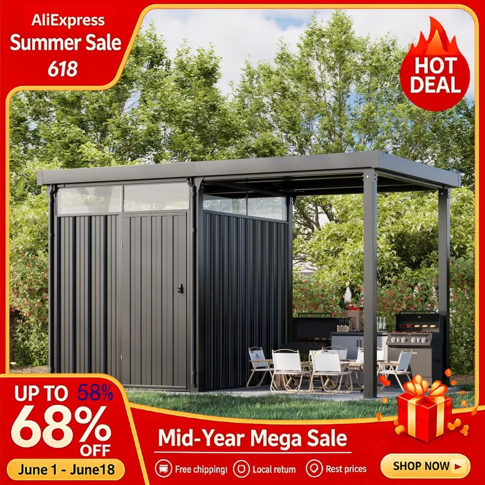 14 x 7 FT Outdoor Storage Shed, 2in1 Garden Metal Shed with 7 x 7 FT Porch Pergola Gazebo, Outdoor Large OpenSided Tool Custom