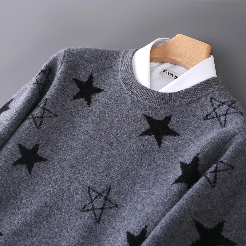 DjzDsm Autumn and Winter O-neck 100% Merino Wool Knitted Sweater Casual Long Sleeved Men's Clothing Star Pattern Base Sweater