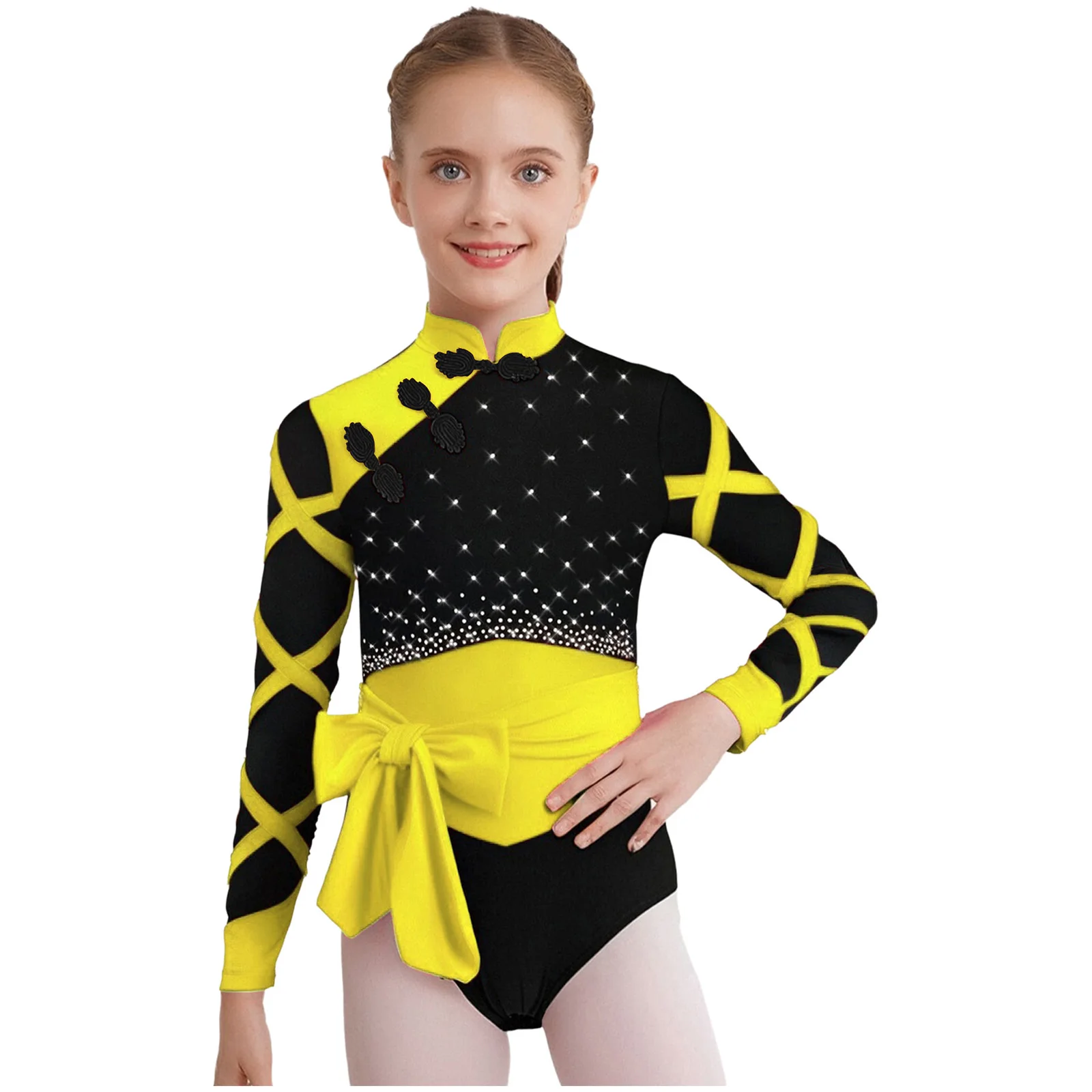 Justaucorps de gymnastique à strass pour enfants filles, short avec ceinture, tenue de danse de Ballet de patinage artistique, Costume de spectacle de Style chinois
