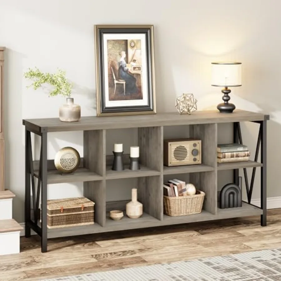 Storage Organizer Bookshelf: 62 Inch Horizontal Industrial Metal Frame Bookcase in Black for Living Room, Entryway Table, Home