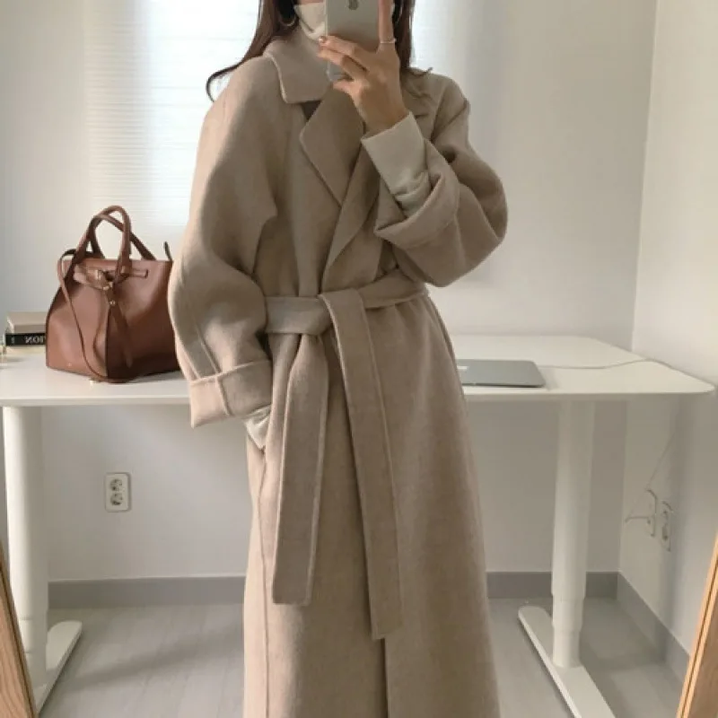 

Women's Korean Style Woolen Coat Midi Length Autumn Winter New Arrival Small Size Medium Length Clothe's Outerwear Coat
