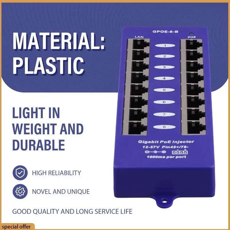 A68Z Gigabit 8 Port Poe Injector Mid-Span Poe Injector Mode B For Mikrotik UBNT CCTV Network Wall-Mounted