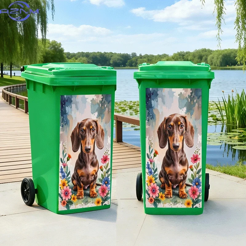 [2D Flat Printing] 1pc Trash Can Sticker [Title Translated, Do Not Change] Dachshund in Flower Theme Design Wall Sticker Decor