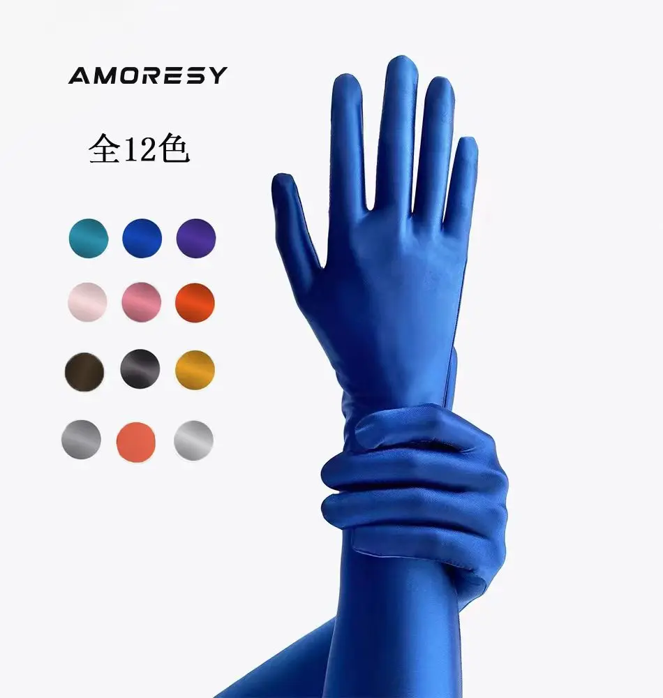 AMORESY Alecto Series Guantes de protección solar brillantes Guantes de manga larga de cinco dedos sedosos y helados coloridos para fiesta de graduación