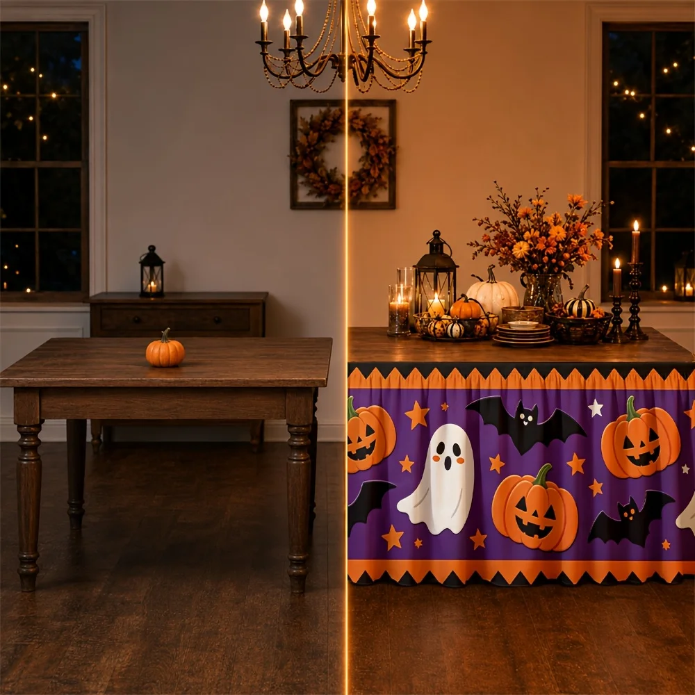 Halloween themed playful spooky pumpkins ghosts bats stars purple orange autumn October festive party tablecove