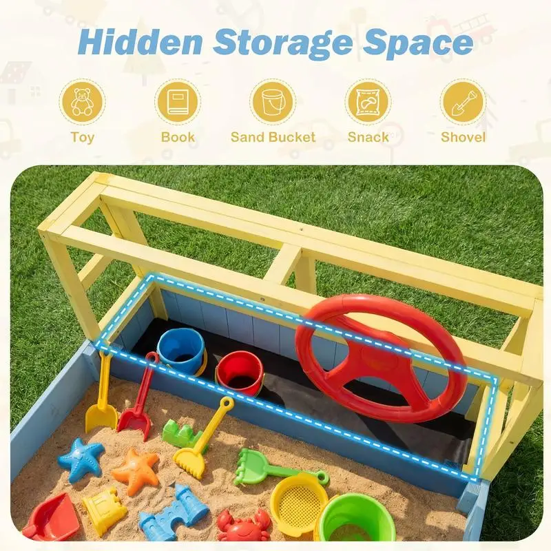 Obrázek 6: Velký dřevěný děti sandbox s dno liniové a lavice seat-blue