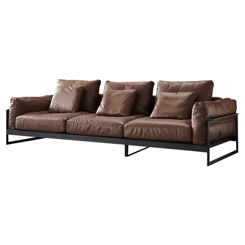 Minimalist leather sofa retro industrial style straight row three-position combination carbon steel large and small apartment
