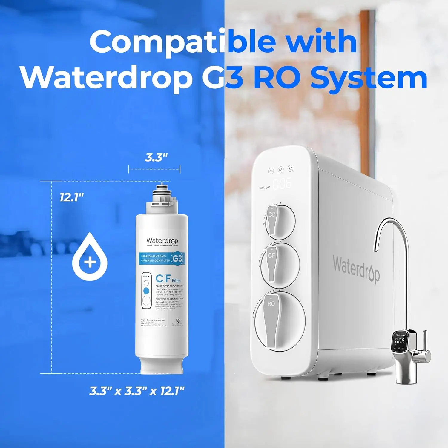 Waterdrop WD-G3-CF Filter, Replacement for WD-G3-W, WD-G3P600 and WD-G3P800-W Reverse Osmosis System, 6-Month Lifetime