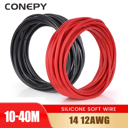 Imagen 1 del producto CONEPY 10-40M/2,5mm 14 AWG 4mm2 12 AWG Cable eléctrico de cobre estañado Cable de silicona color rojo negro para conexiones de paneles fotovoltaicos
