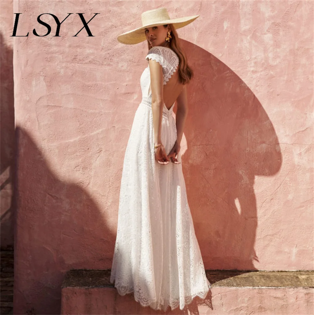 LSYX Chiffon A-Line V-Neck Lace Cut Out Beach Wedding Dress Cap Sleeves Floor Length Open Back Bridal Gown Boho Robe De Marie