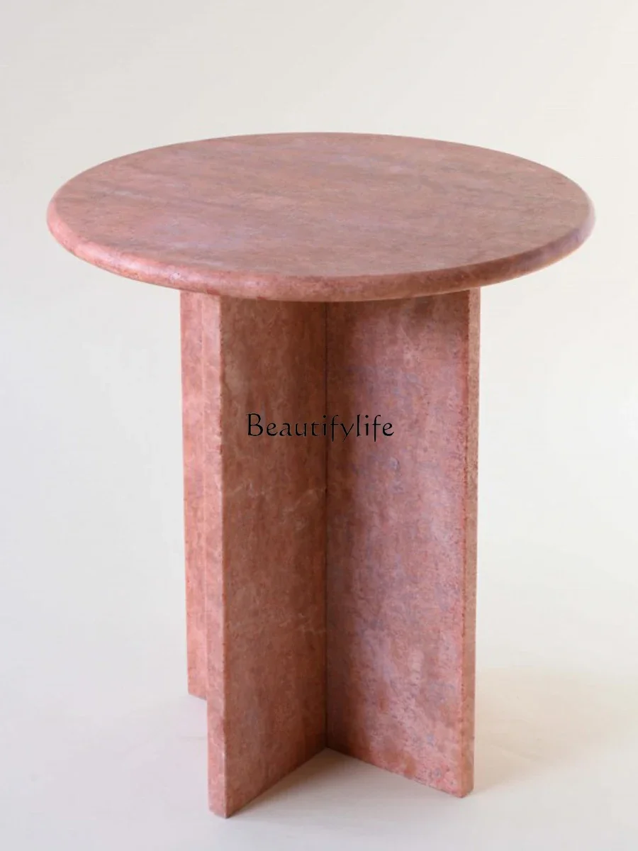 Italian round light luxury red travertine side table living room sofa simple coffee table